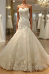 Long Mermaid Strapless Court Train Lace Organza Wedding Dress